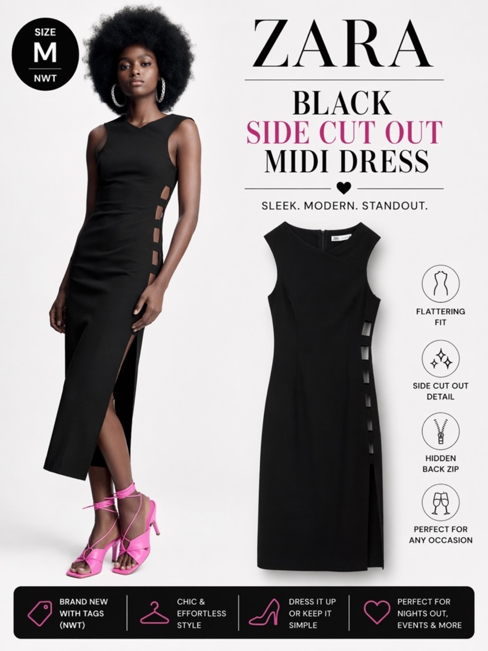 ZARA Black Asymmetric Side Cut Out Midi Dress NWT Size M